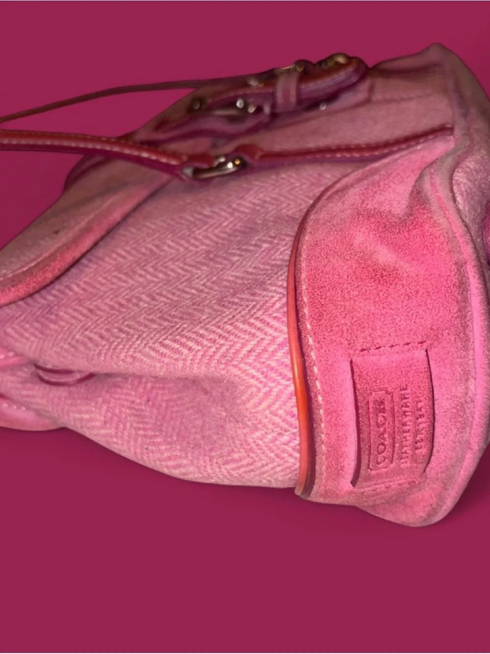 Coach Pink Suede Shoulder Bag with Heart Charm